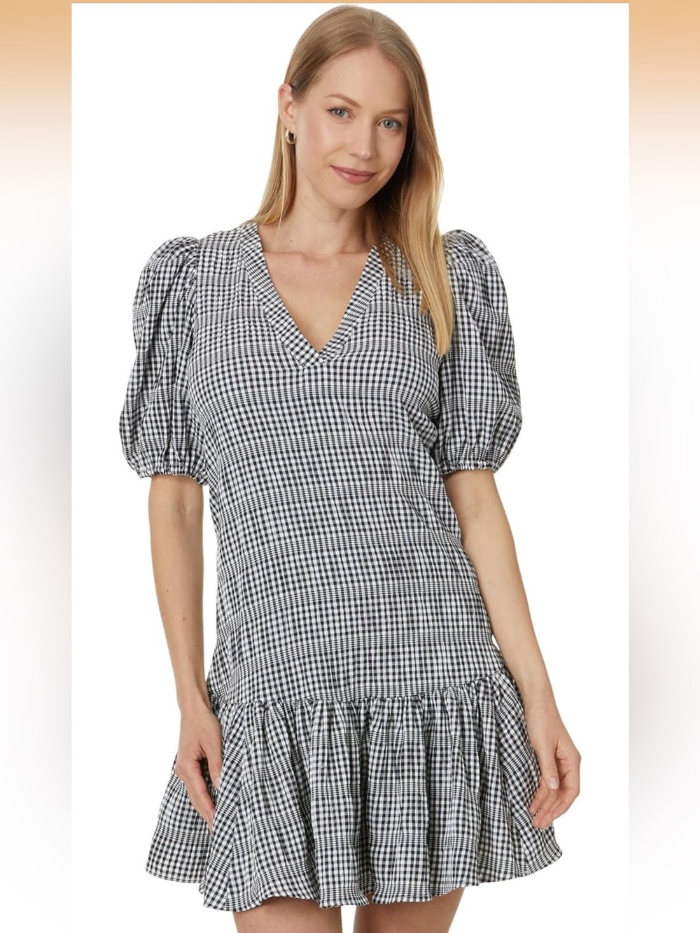 Calvin Klein Black and White Gingham V‑Neck Puff‑Sleeve Mini Dress